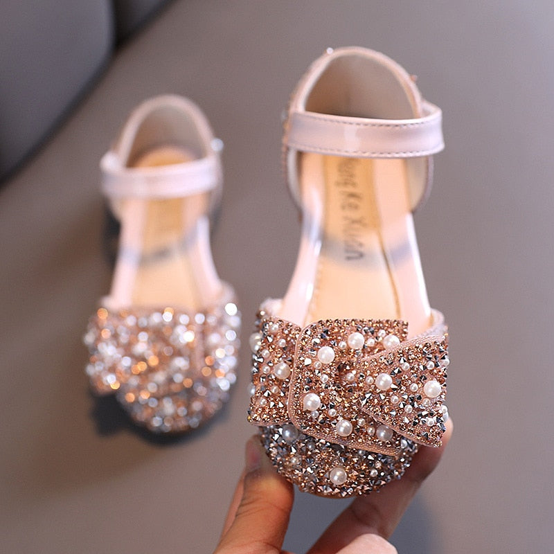 Girls Pearl Rhinestones Decorated Shining Shoes