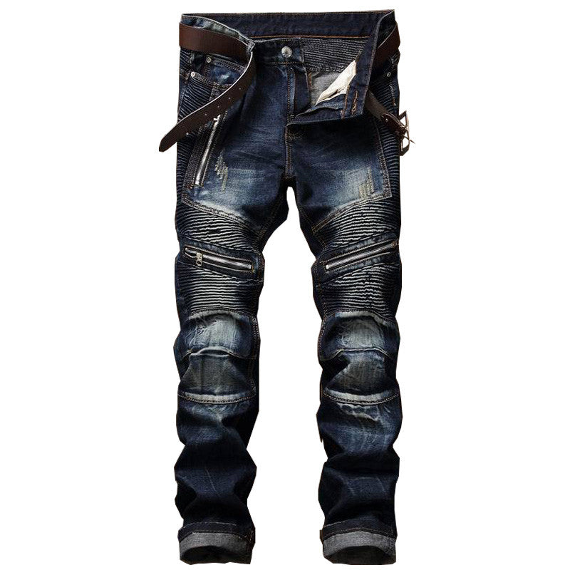 Men's Pleated Washed Biker Jeans