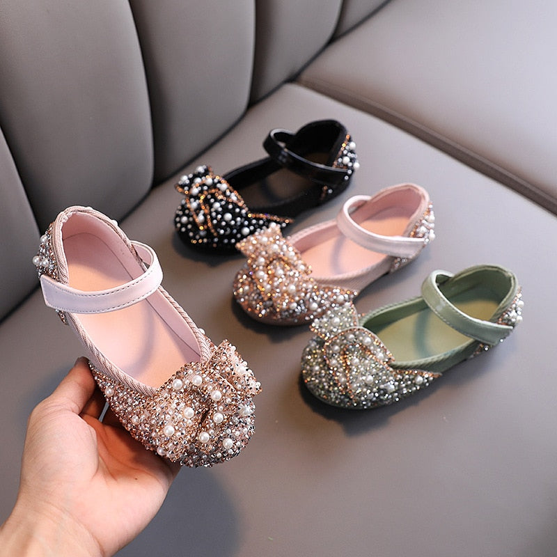 Girls Pearl Rhinestones Decorated Shining Shoes