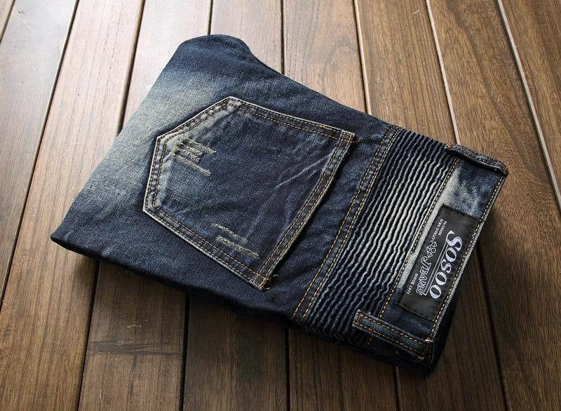 Men's Pleated Washed Biker Jeans
