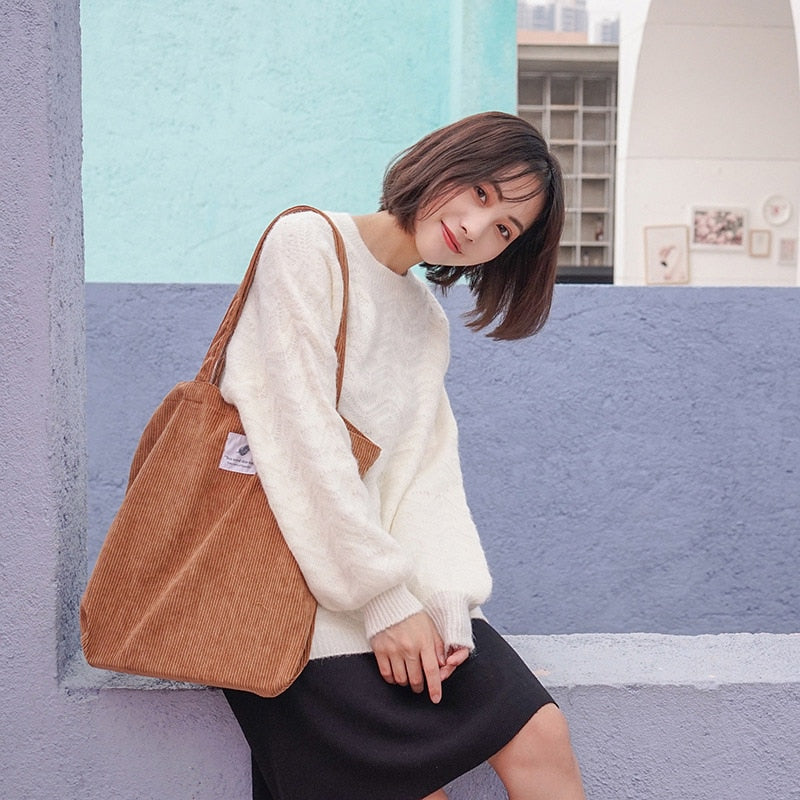 Women's Corduroy Shopper Bag With Interior Zipper Pocket