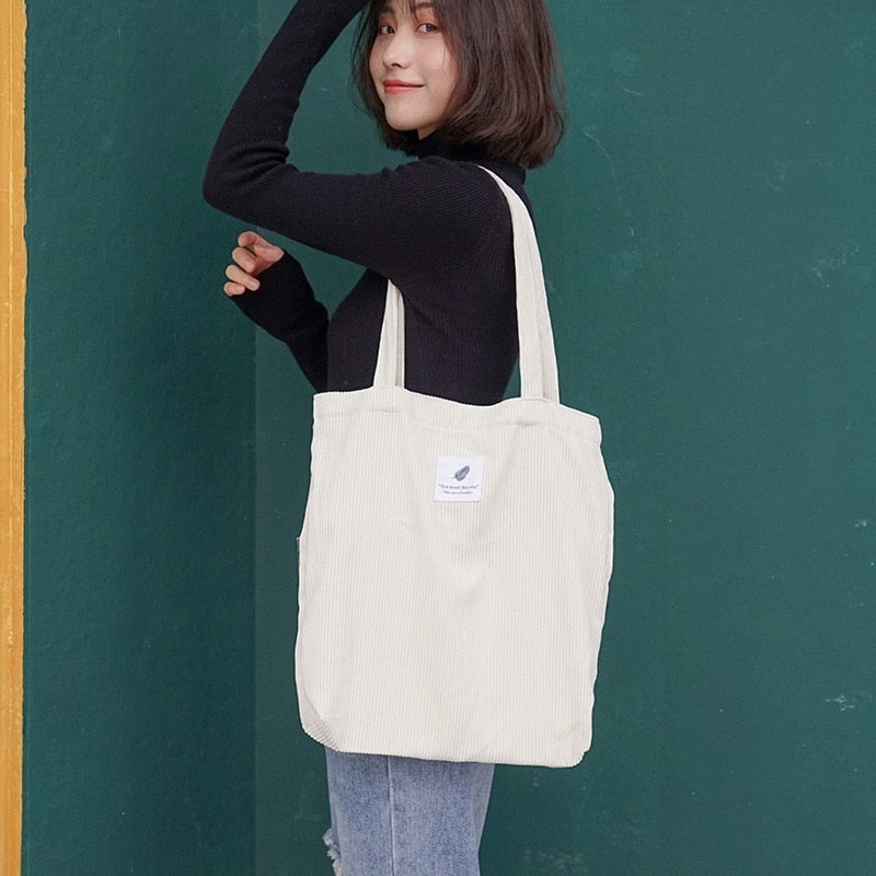 Women's Corduroy Shopper Bag With Interior Zipper Pocket