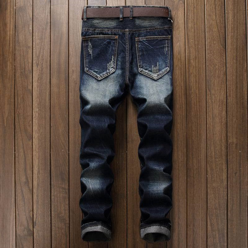 Men's Pleated Washed Biker Jeans