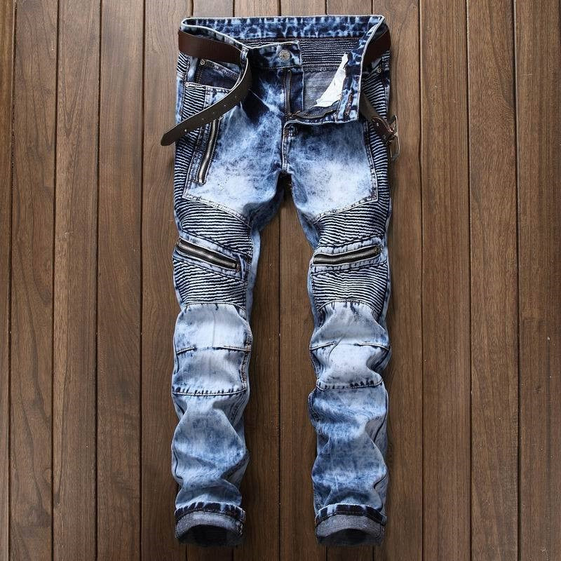Men's Pleated Washed Biker Jeans