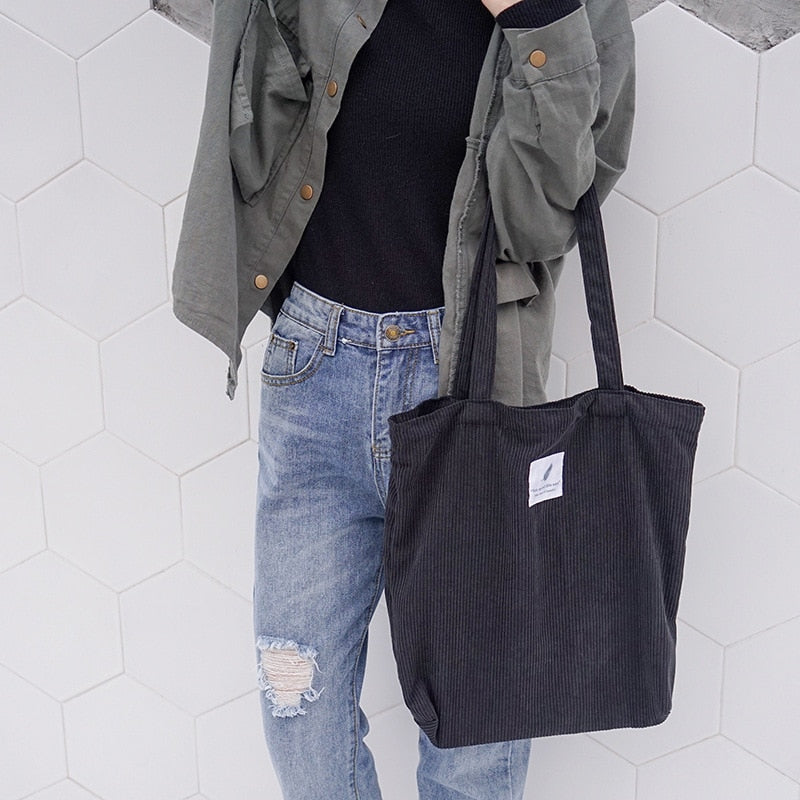 Women's Corduroy Shopper Bag With Interior Zipper Pocket