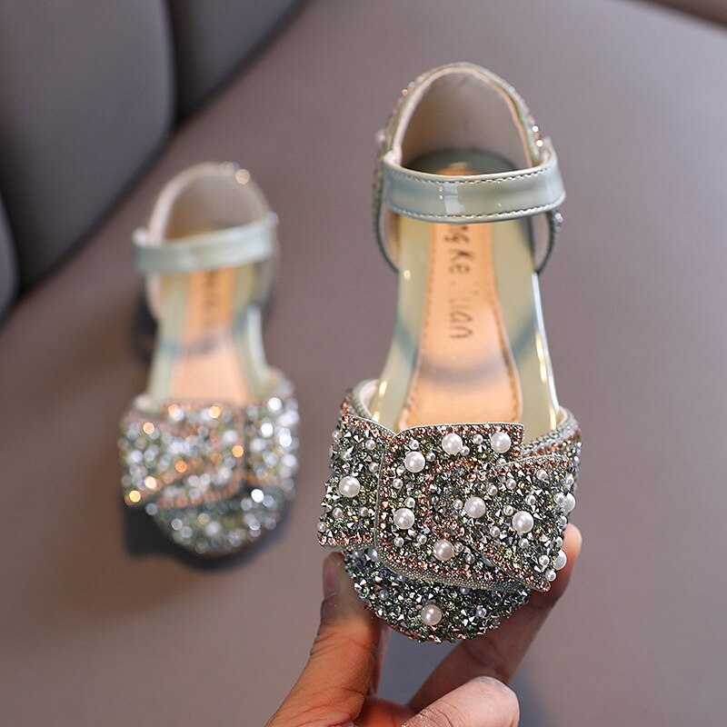 Girls Pearl Rhinestones Decorated Shining Shoes