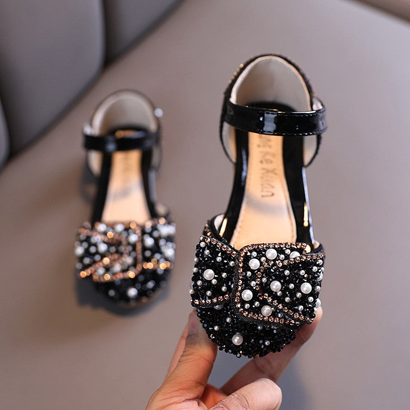 Girls Pearl Rhinestones Decorated Shining Shoes
