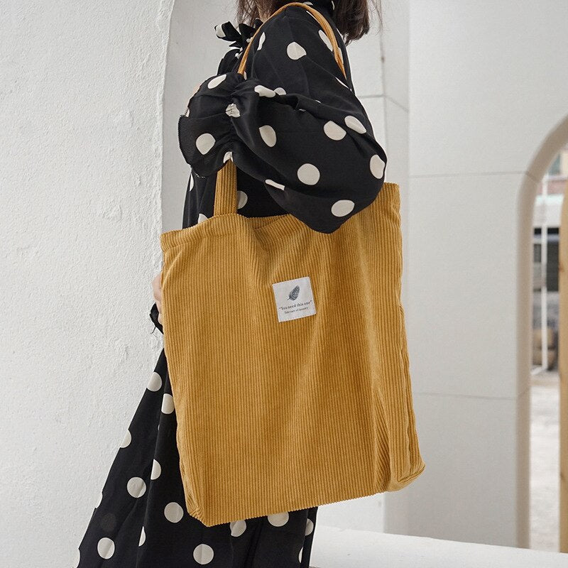 Women's Corduroy Shopper Bag With Interior Zipper Pocket