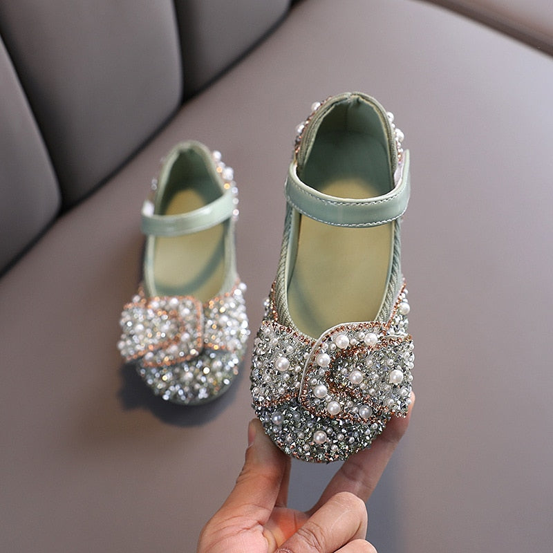 Girls Pearl Rhinestones Decorated Shining Shoes