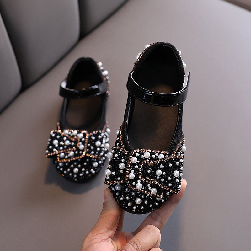 Girls Pearl Rhinestones Decorated Shining Shoes