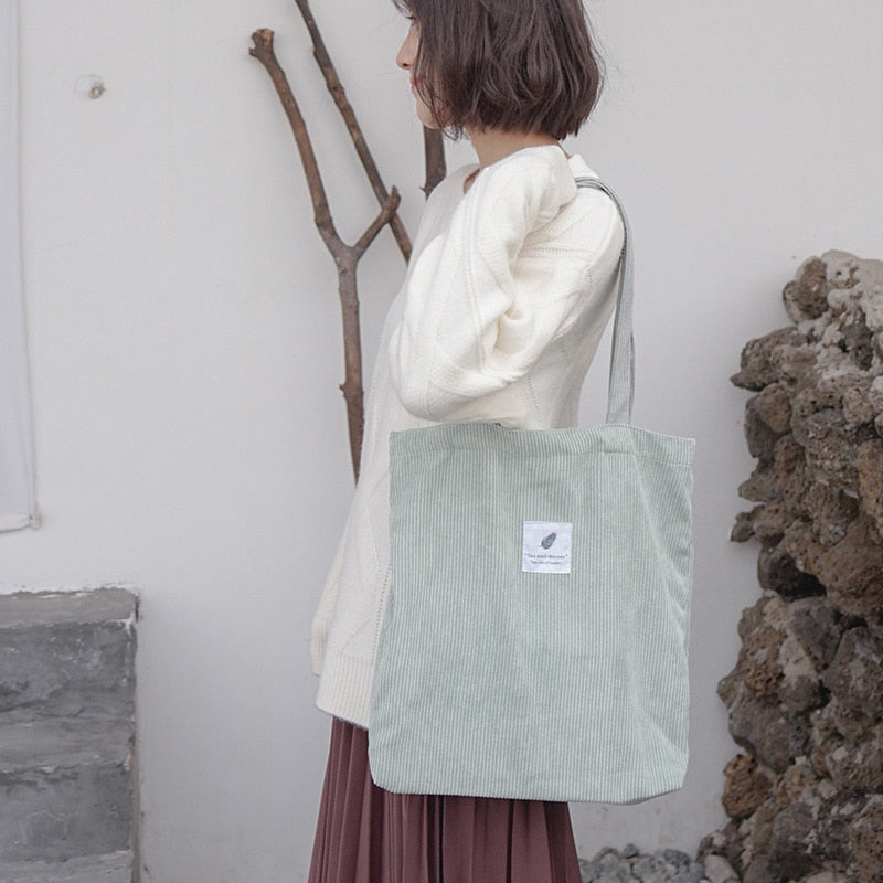 Women's Corduroy Shopper Bag With Interior Zipper Pocket