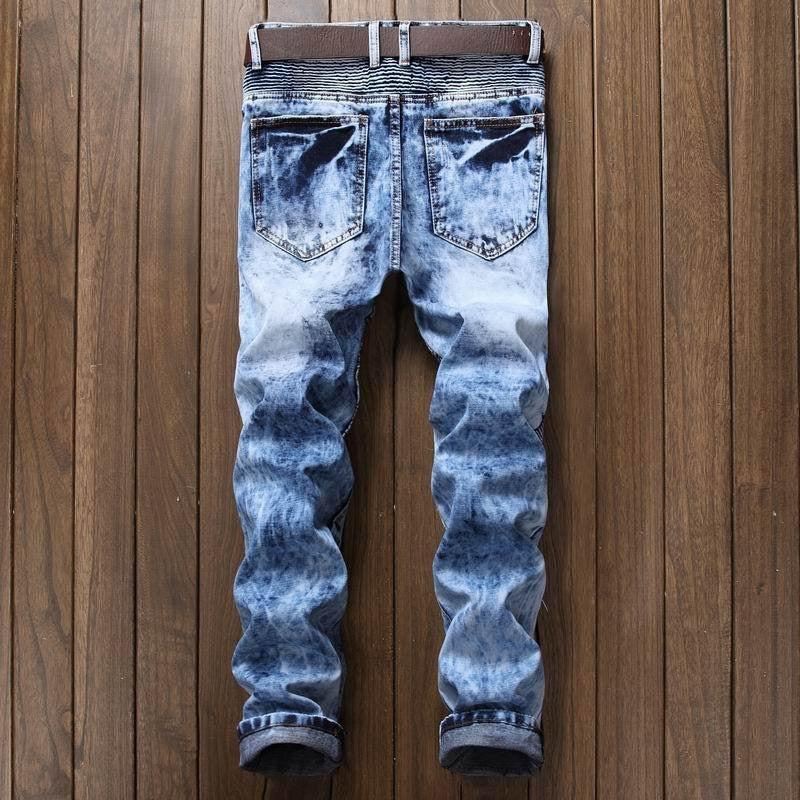 Men's Pleated Washed Biker Jeans