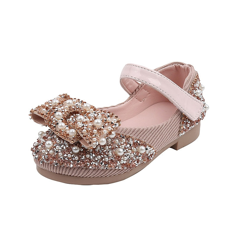 Girls Pearl Rhinestones Decorated Shining Shoes