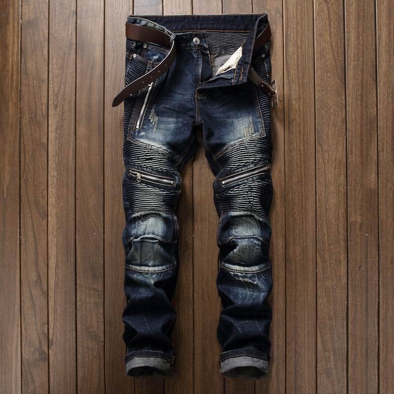 Men's Pleated Washed Biker Jeans