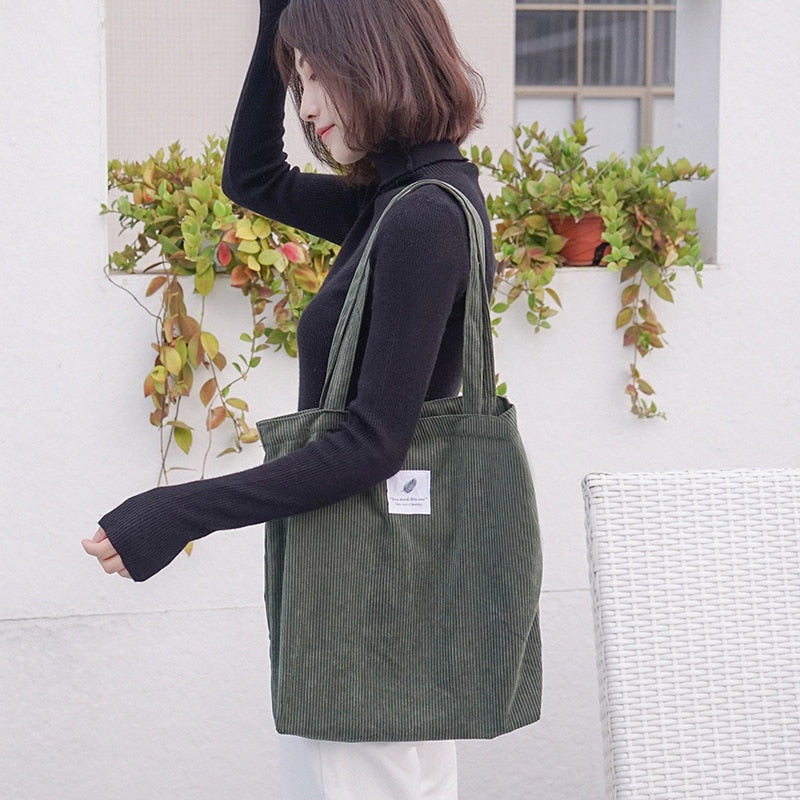 Women's Corduroy Shopper Bag With Interior Zipper Pocket